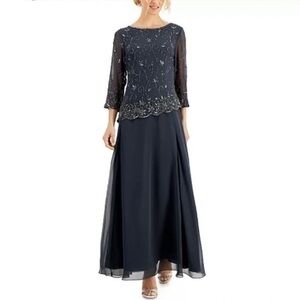 J Kara Illusion 3/4-sleeve Beaded-Overlay Gown in Gunmetal Metallic